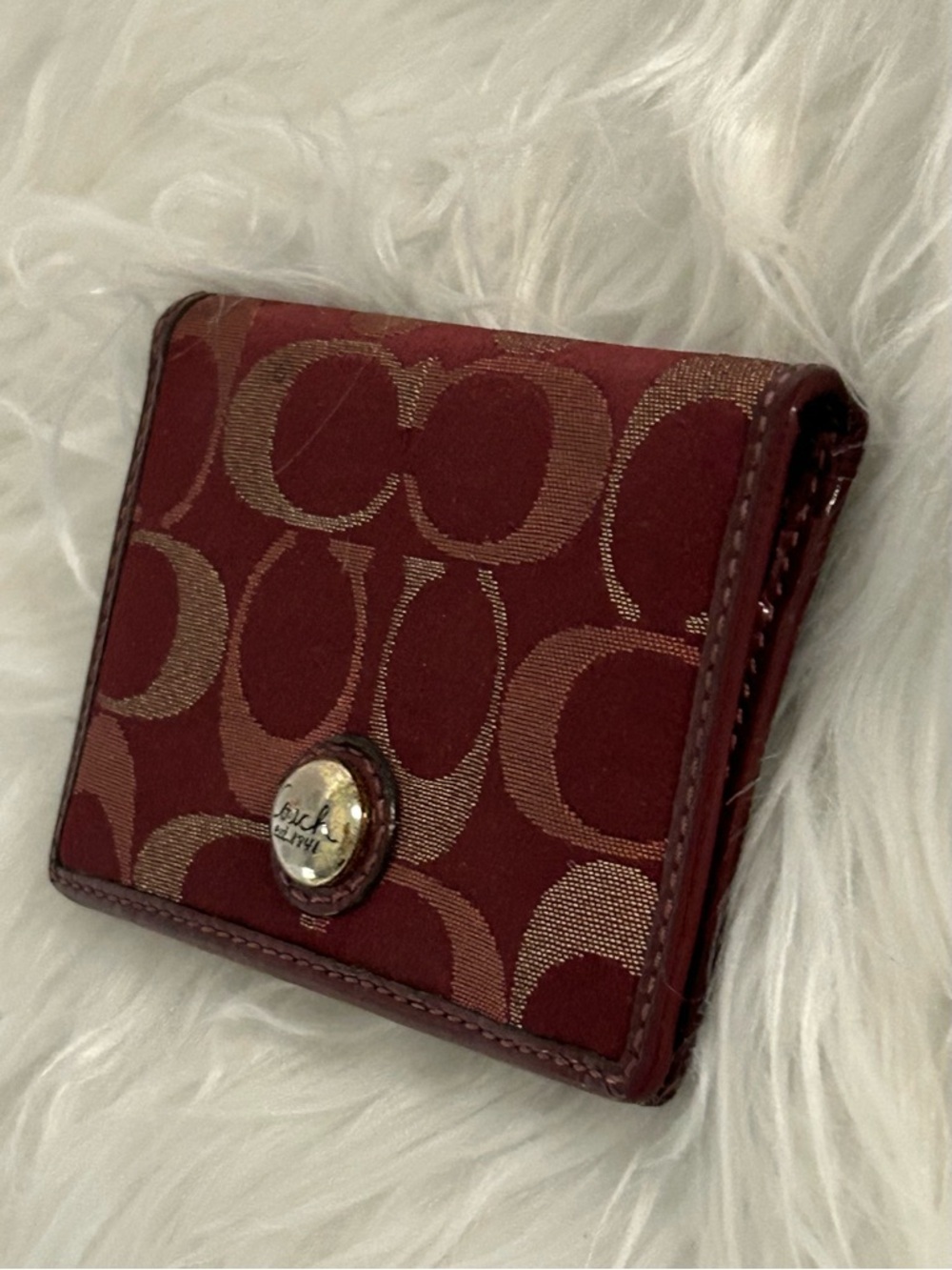 Coach Signature Burgundy Canvas Leather Wallet Mini Compact ID Holder - Picture 5 of 7